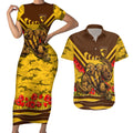 Personalised Hawthorn Hawks ANZAC Couples Matching Short Sleeve Bodycon Dress and Hawaiian Shirt Military Remembrance Australian Football Mascot Camouflage