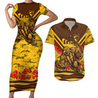 Personalised Hawthorn Hawks ANZAC Couples Matching Short Sleeve Bodycon Dress and Hawaiian Shirt Military Remembrance Australian Football Mascot Camouflage