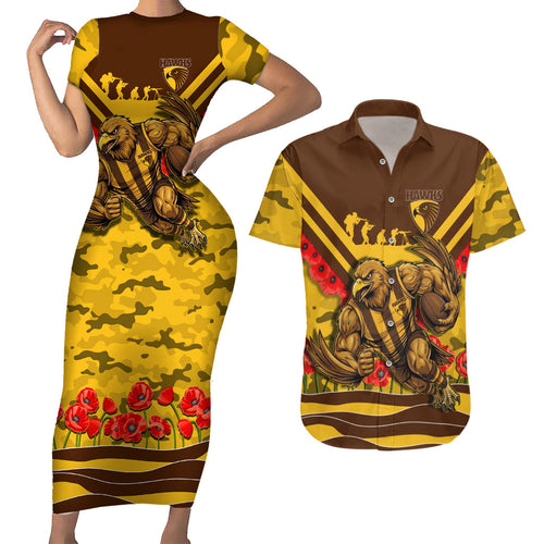 Personalised Hawthorn Hawks ANZAC Couples Matching Short Sleeve Bodycon Dress and Hawaiian Shirt Military Remembrance Australian Football Mascot Camouflage