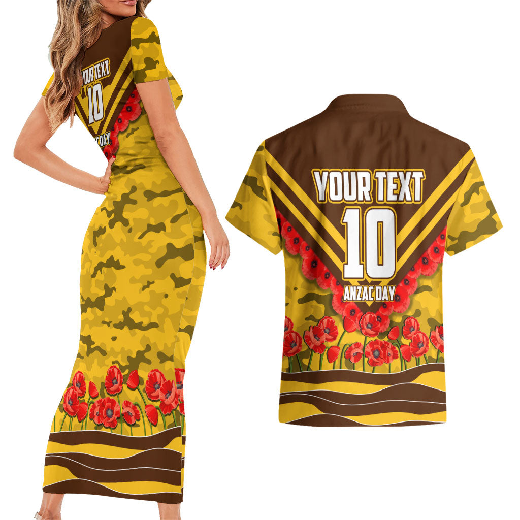 Personalised Hawthorn Hawks ANZAC Couples Matching Short Sleeve Bodycon Dress and Hawaiian Shirt Military Remembrance Australian Football Mascot Camouflage