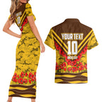 Personalised Hawthorn Hawks ANZAC Couples Matching Short Sleeve Bodycon Dress and Hawaiian Shirt Military Remembrance Australian Football Mascot Camouflage