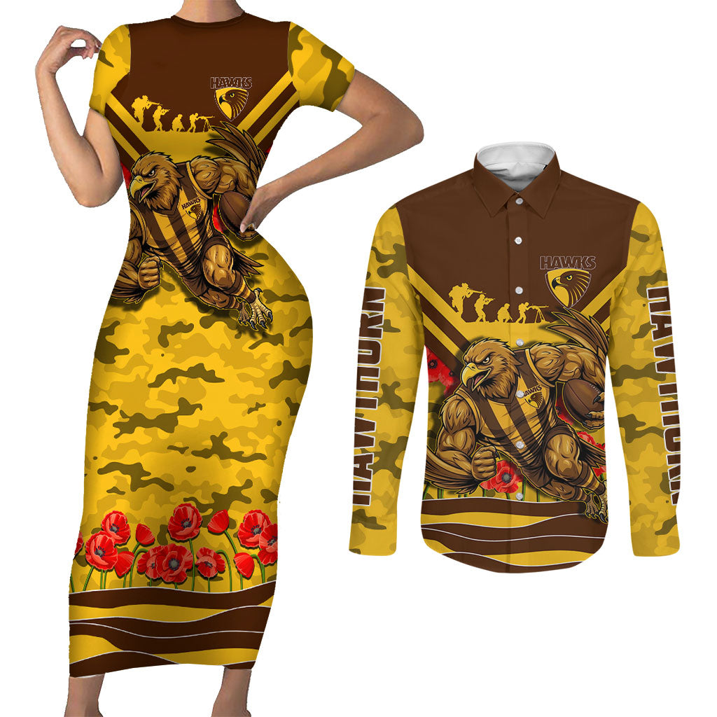 Personalised Hawthorn Hawks ANZAC Couples Matching Short Sleeve Bodycon Dress and Long Sleeve Button Shirt Military Remembrance Australian Football Mascot Camouflage