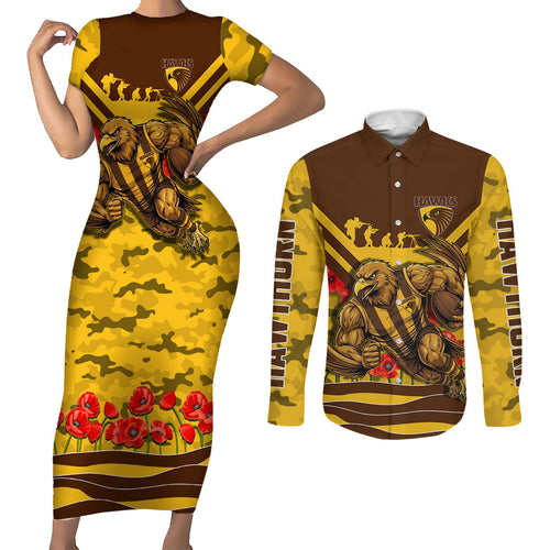 Personalised Hawthorn Hawks ANZAC Couples Matching Short Sleeve Bodycon Dress and Long Sleeve Button Shirt Military Remembrance Australian Football Mascot Camouflage