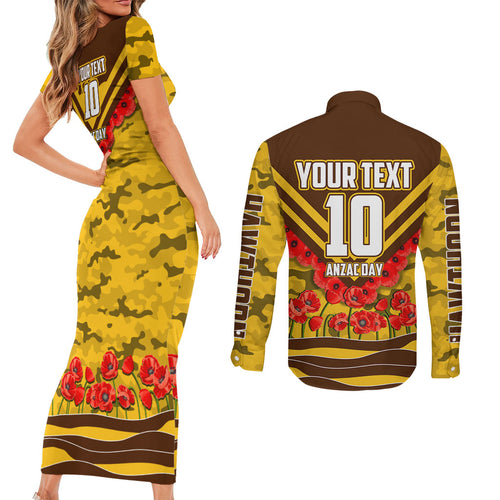 Personalised Hawthorn Hawks ANZAC Couples Matching Short Sleeve Bodycon Dress and Long Sleeve Button Shirt Military Remembrance Australian Football Mascot Camouflage