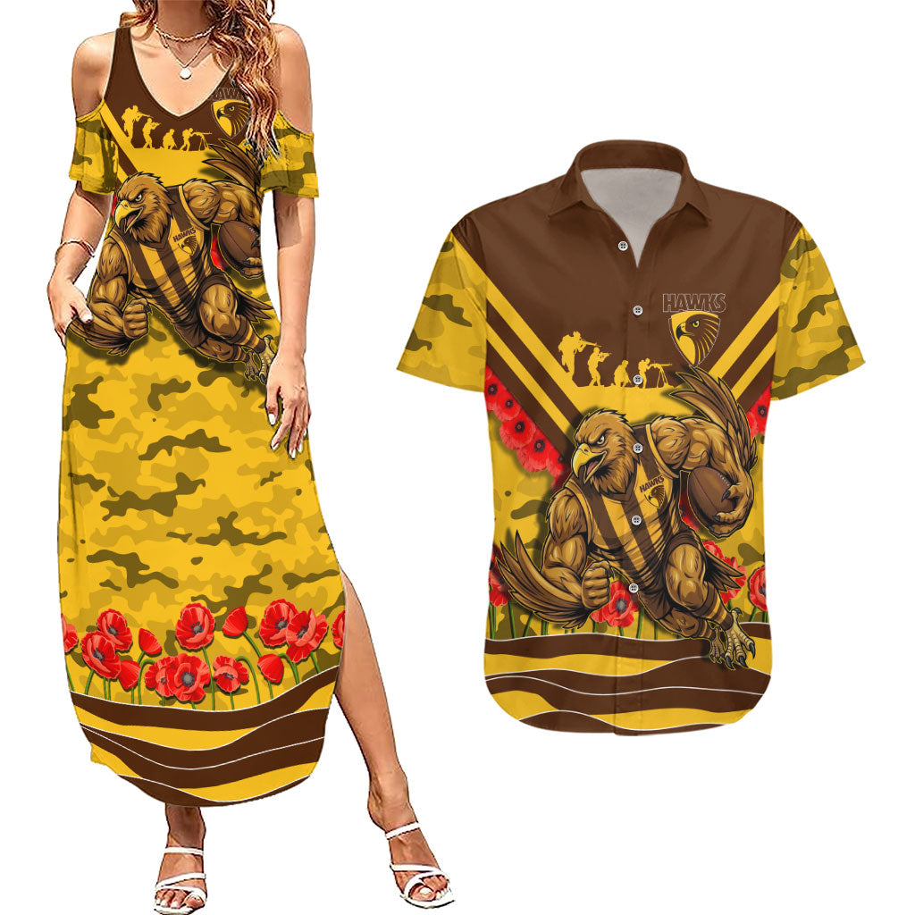 Personalised Hawthorn Hawks ANZAC Couples Matching Summer Maxi Dress and Hawaiian Shirt Military Remembrance Australian Football Mascot Camouflage