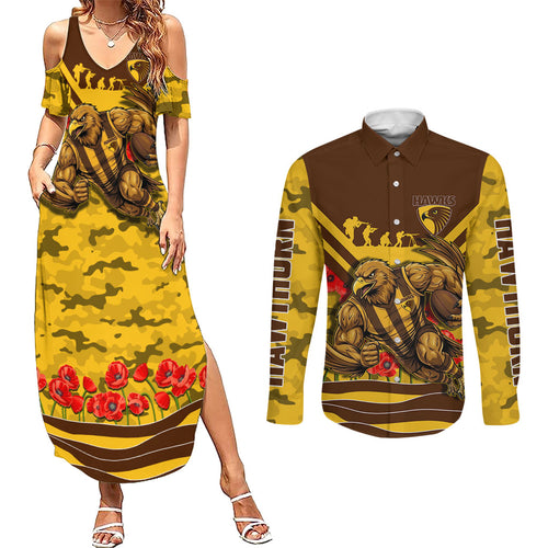 Personalised Hawthorn Hawks ANZAC Couples Matching Summer Maxi Dress and Long Sleeve Button Shirt Military Remembrance Australian Football Mascot Camouflage
