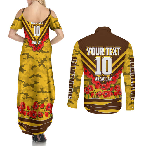 Personalised Hawthorn Hawks ANZAC Couples Matching Summer Maxi Dress and Long Sleeve Button Shirt Military Remembrance Australian Football Mascot Camouflage