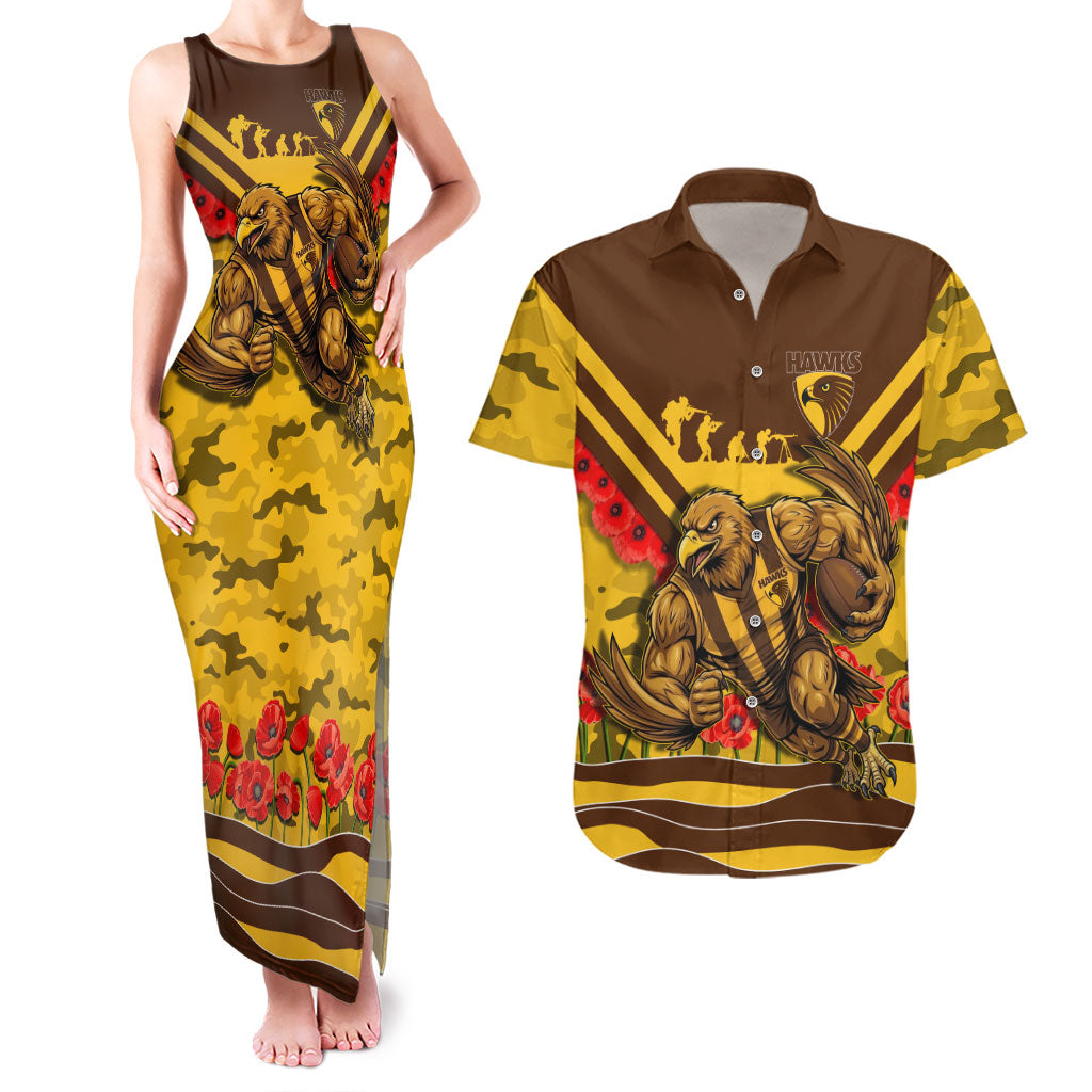 Personalised Hawthorn Hawks ANZAC Couples Matching Tank Maxi Dress and Hawaiian Shirt Military Remembrance Australian Football Mascot Camouflage