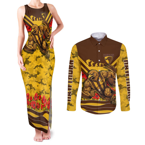 Personalised Hawthorn Hawks ANZAC Couples Matching Tank Maxi Dress and Long Sleeve Button Shirt Military Remembrance Australian Football Mascot Camouflage