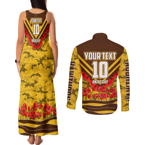 Personalised Hawthorn Hawks ANZAC Couples Matching Tank Maxi Dress and Long Sleeve Button Shirt Military Remembrance Australian Football Mascot Camouflage