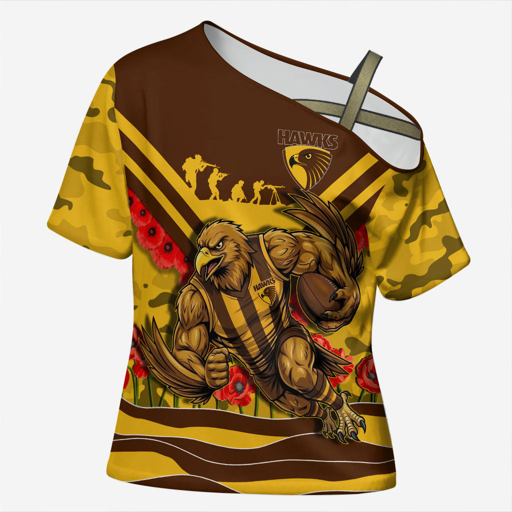 Personalised Hawthorn Hawks ANZAC Cross Shoulder Shirt Military Remembrance Australian Football Mascot Camouflage