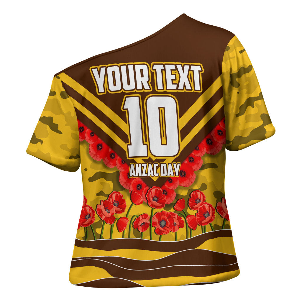 Personalised Hawthorn Hawks ANZAC Cross Shoulder Shirt Military Remembrance Australian Football Mascot Camouflage