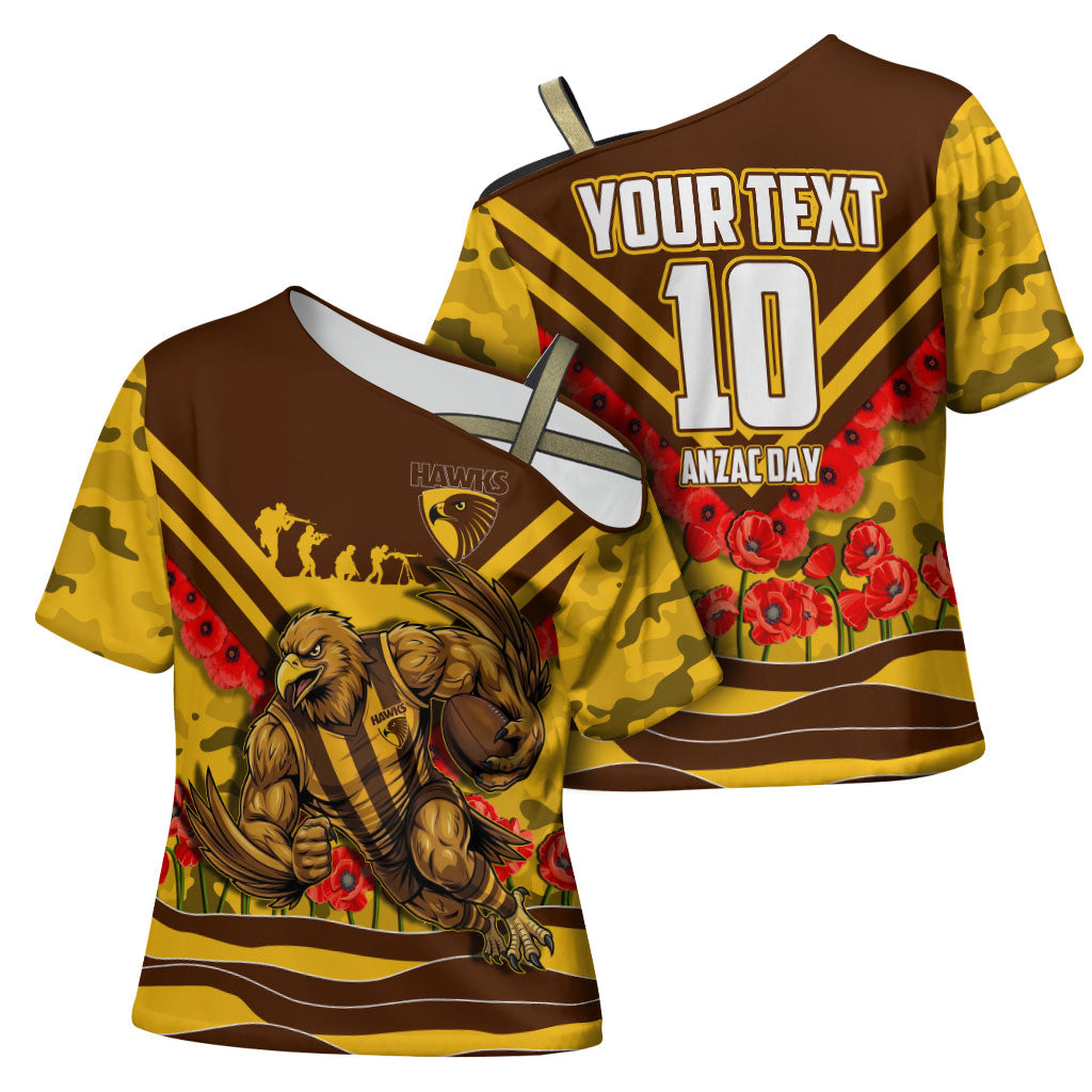 Personalised Hawthorn Hawks ANZAC Cross Shoulder Shirt Military Remembrance Australian Football Mascot Camouflage