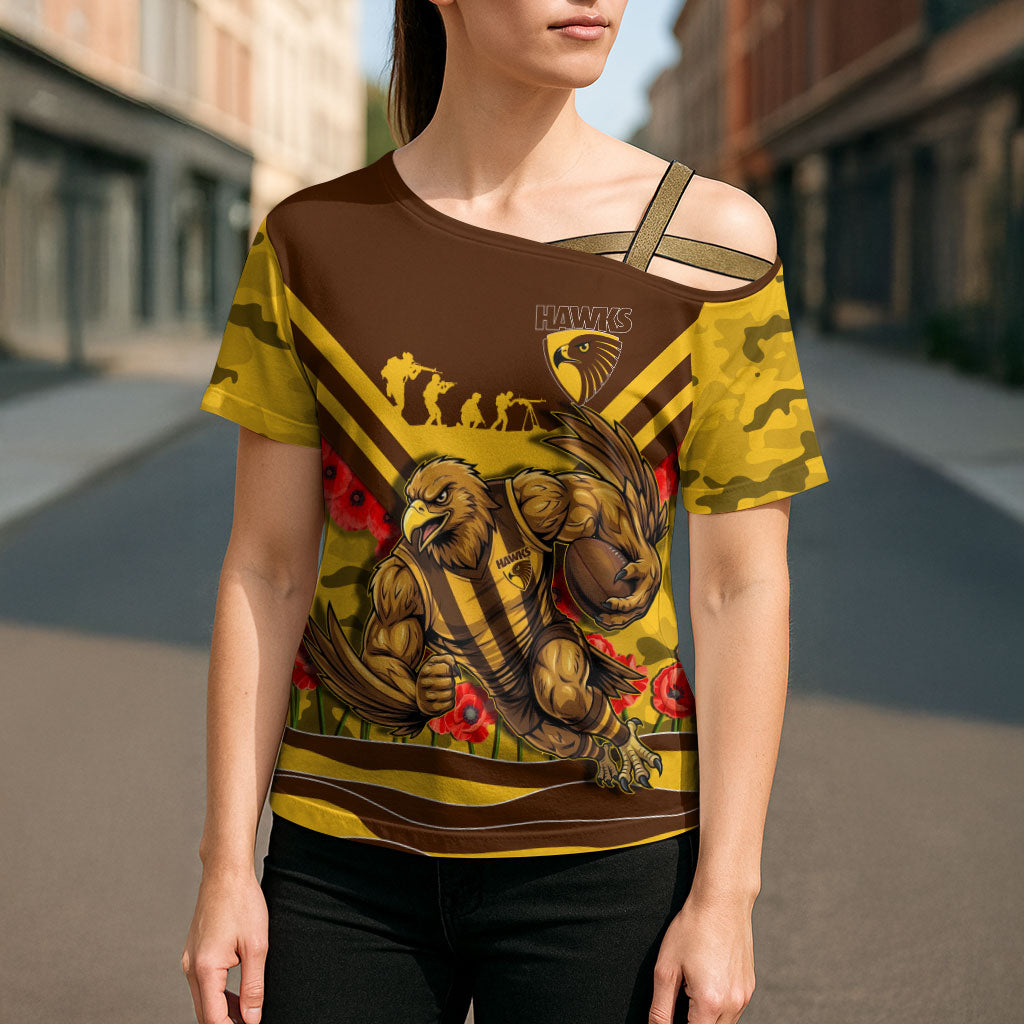 Personalised Hawthorn Hawks ANZAC Cross Shoulder Shirt Military Remembrance Australian Football Mascot Camouflage