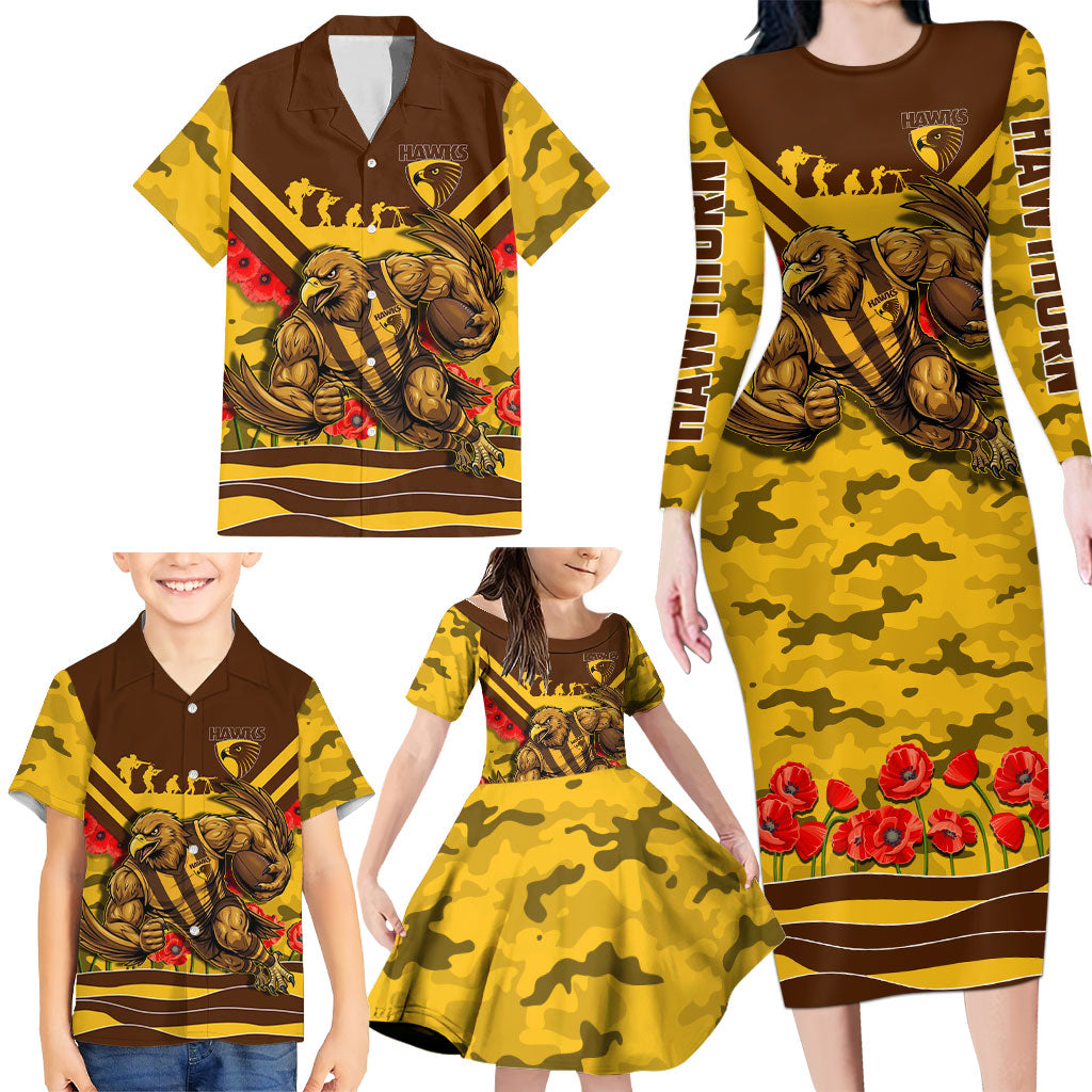 Personalised Hawthorn Hawks ANZAC Family Matching Long Sleeve Bodycon Dress and Hawaiian Shirt Military Remembrance Australian Football Mascot Camouflage