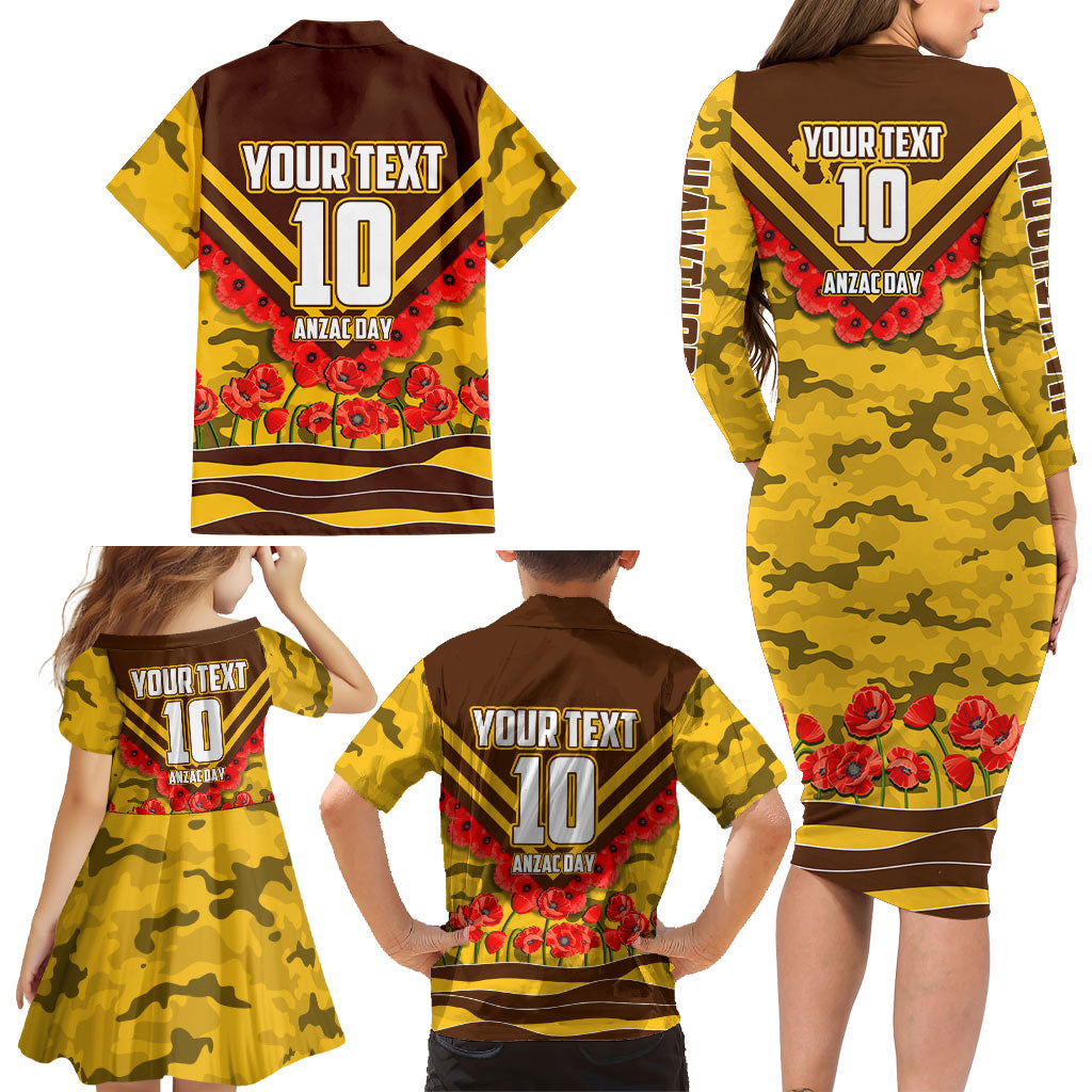 Personalised Hawthorn Hawks ANZAC Family Matching Long Sleeve Bodycon Dress and Hawaiian Shirt Military Remembrance Australian Football Mascot Camouflage