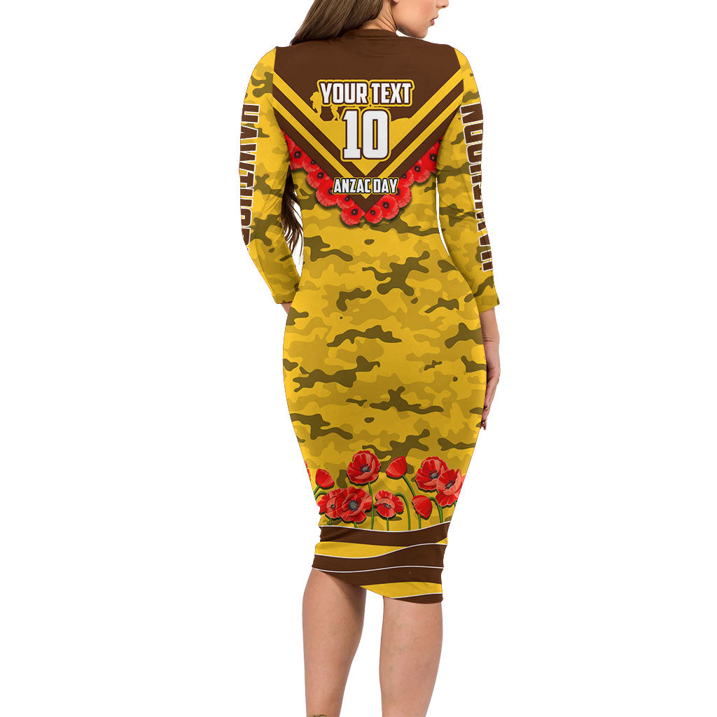 Personalised Hawthorn Hawks ANZAC Family Matching Long Sleeve Bodycon Dress and Hawaiian Shirt Military Remembrance Australian Football Mascot Camouflage