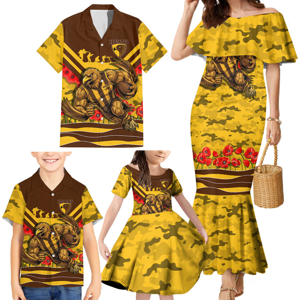 Personalised Hawthorn Hawks ANZAC Family Matching Mermaid Dress and Hawaiian Shirt Military Remembrance Australian Football Mascot Camouflage