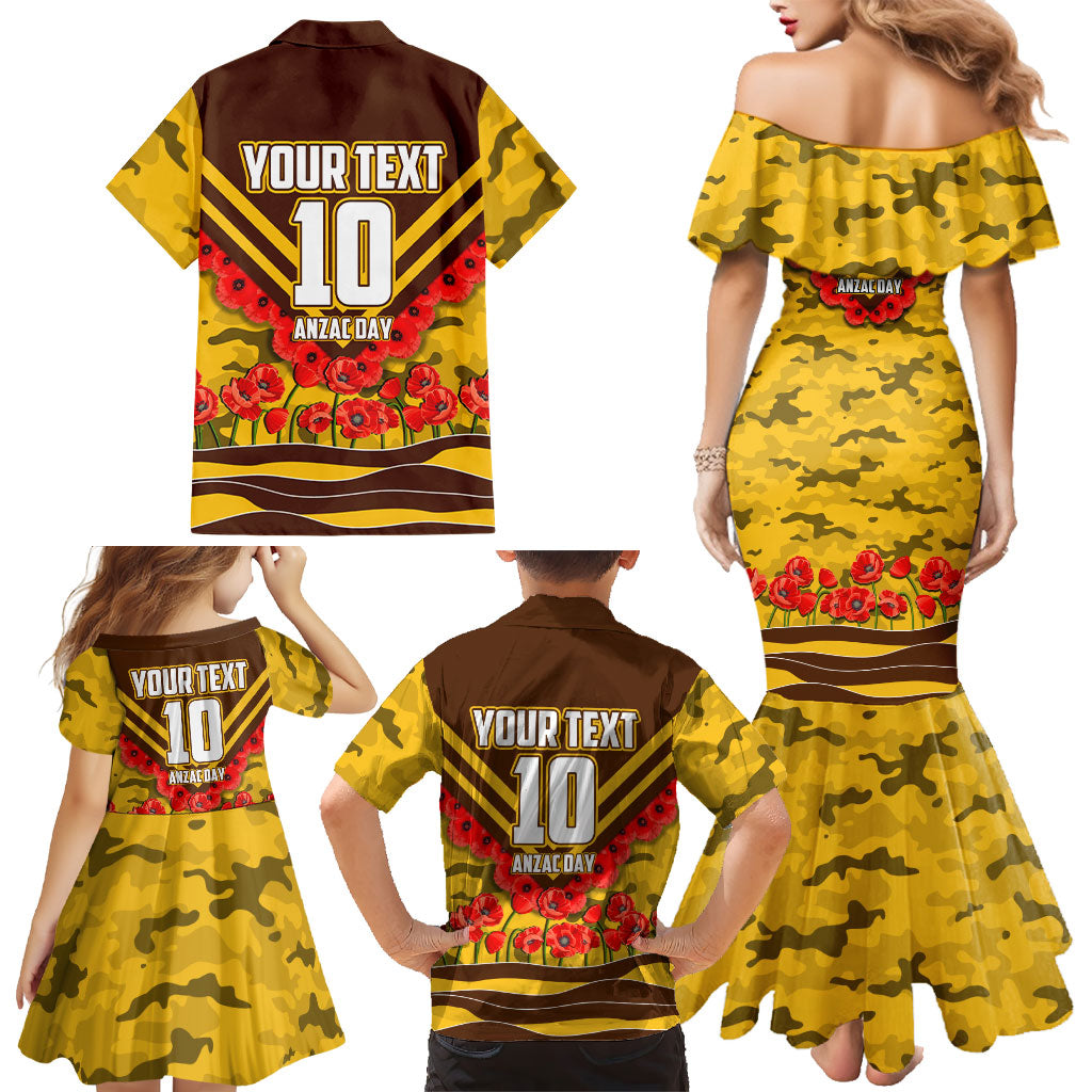 Personalised Hawthorn Hawks ANZAC Family Matching Mermaid Dress and Hawaiian Shirt Military Remembrance Australian Football Mascot Camouflage