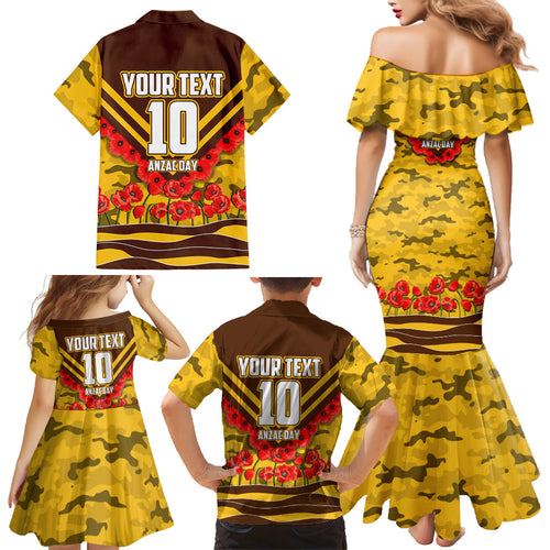 Personalised Hawthorn Hawks ANZAC Family Matching Mermaid Dress and Hawaiian Shirt Military Remembrance Australian Football Mascot Camouflage