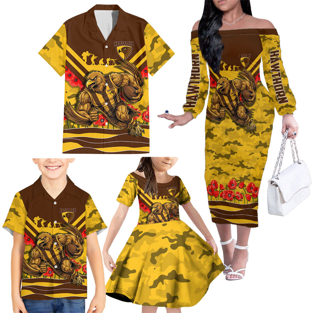 Personalised Hawthorn Hawks ANZAC Family Matching Off The Shoulder Long Sleeve Dress and Hawaiian Shirt Military Remembrance Australian Football Mascot Camouflage