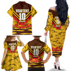 Personalised Hawthorn Hawks ANZAC Family Matching Off The Shoulder Long Sleeve Dress and Hawaiian Shirt Military Remembrance Australian Football Mascot Camouflage