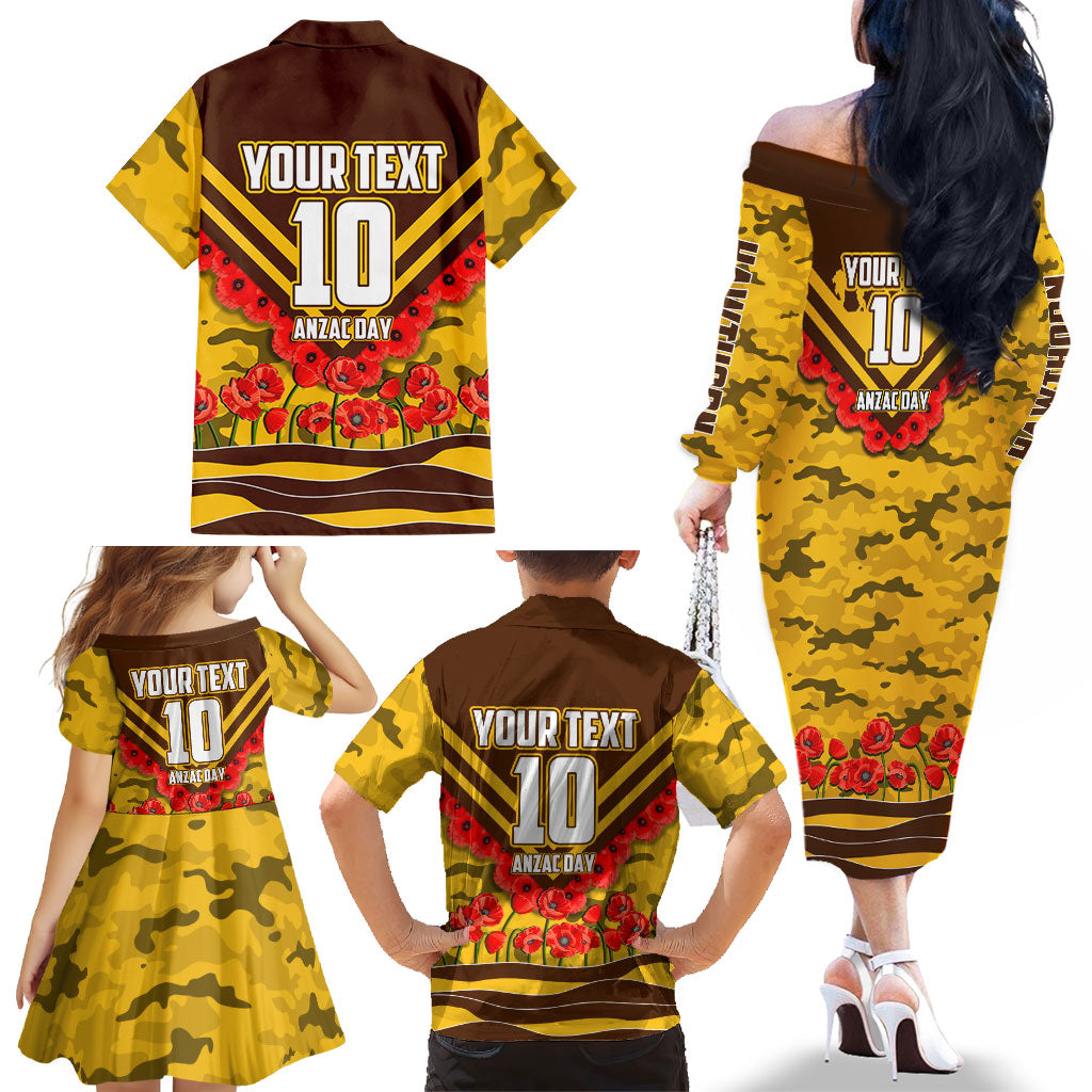 Personalised Hawthorn Hawks ANZAC Family Matching Off The Shoulder Long Sleeve Dress and Hawaiian Shirt Military Remembrance Australian Football Mascot Camouflage