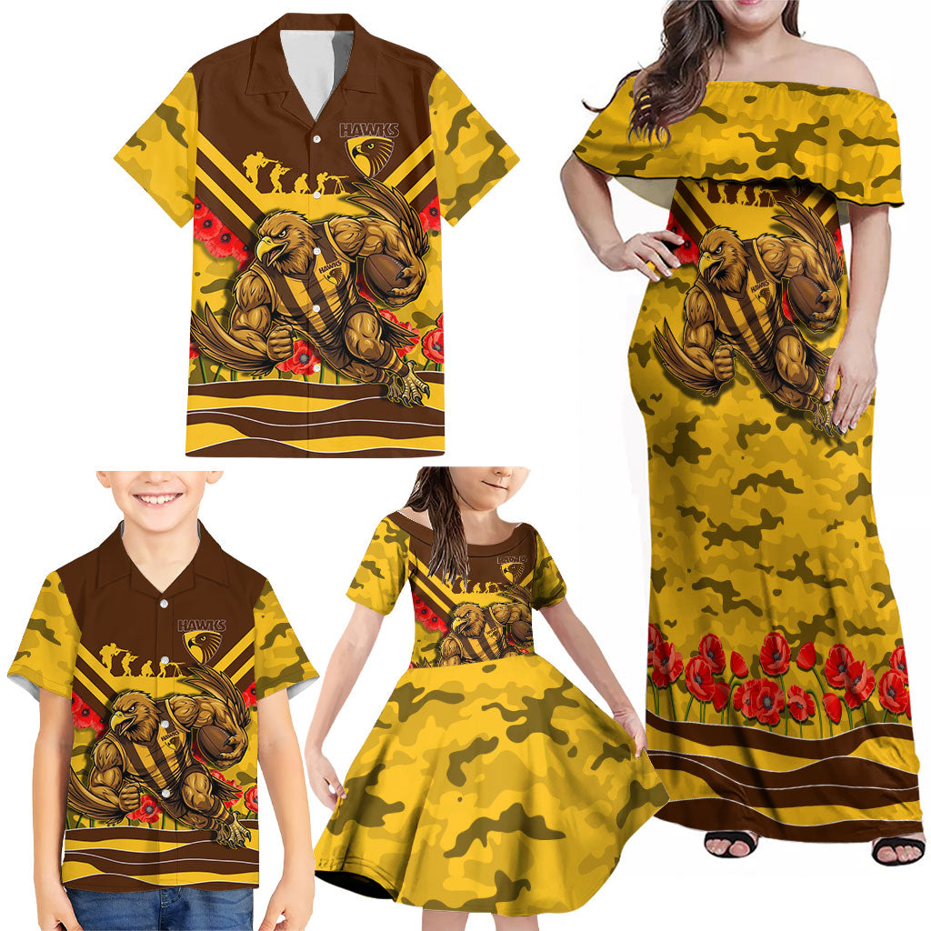 Personalised Hawthorn Hawks ANZAC Family Matching Off Shoulder Maxi Dress and Hawaiian Shirt Military Remembrance Australian Football Mascot Camouflage