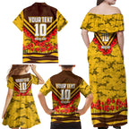 Personalised Hawthorn Hawks ANZAC Family Matching Off Shoulder Maxi Dress and Hawaiian Shirt Military Remembrance Australian Football Mascot Camouflage