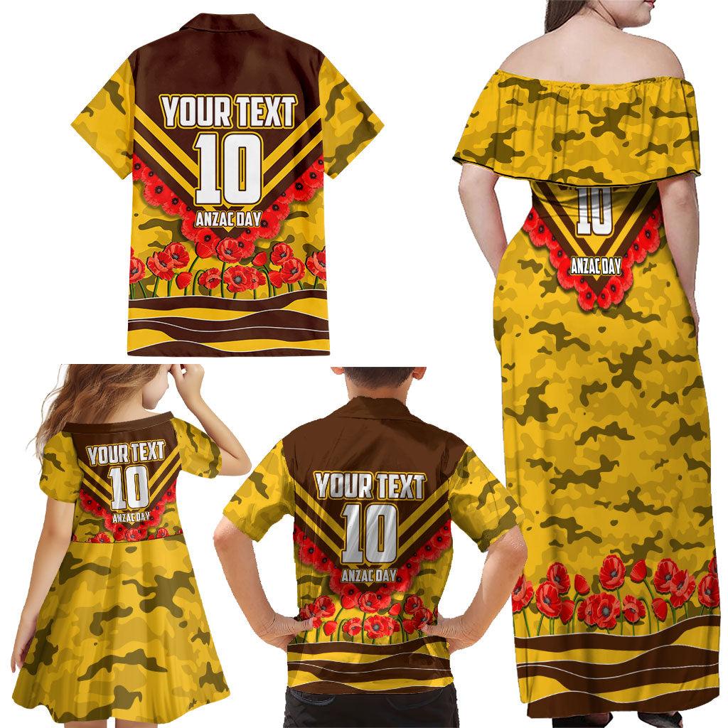Personalised Hawthorn Hawks ANZAC Family Matching Off Shoulder Maxi Dress and Hawaiian Shirt Military Remembrance Australian Football Mascot Camouflage