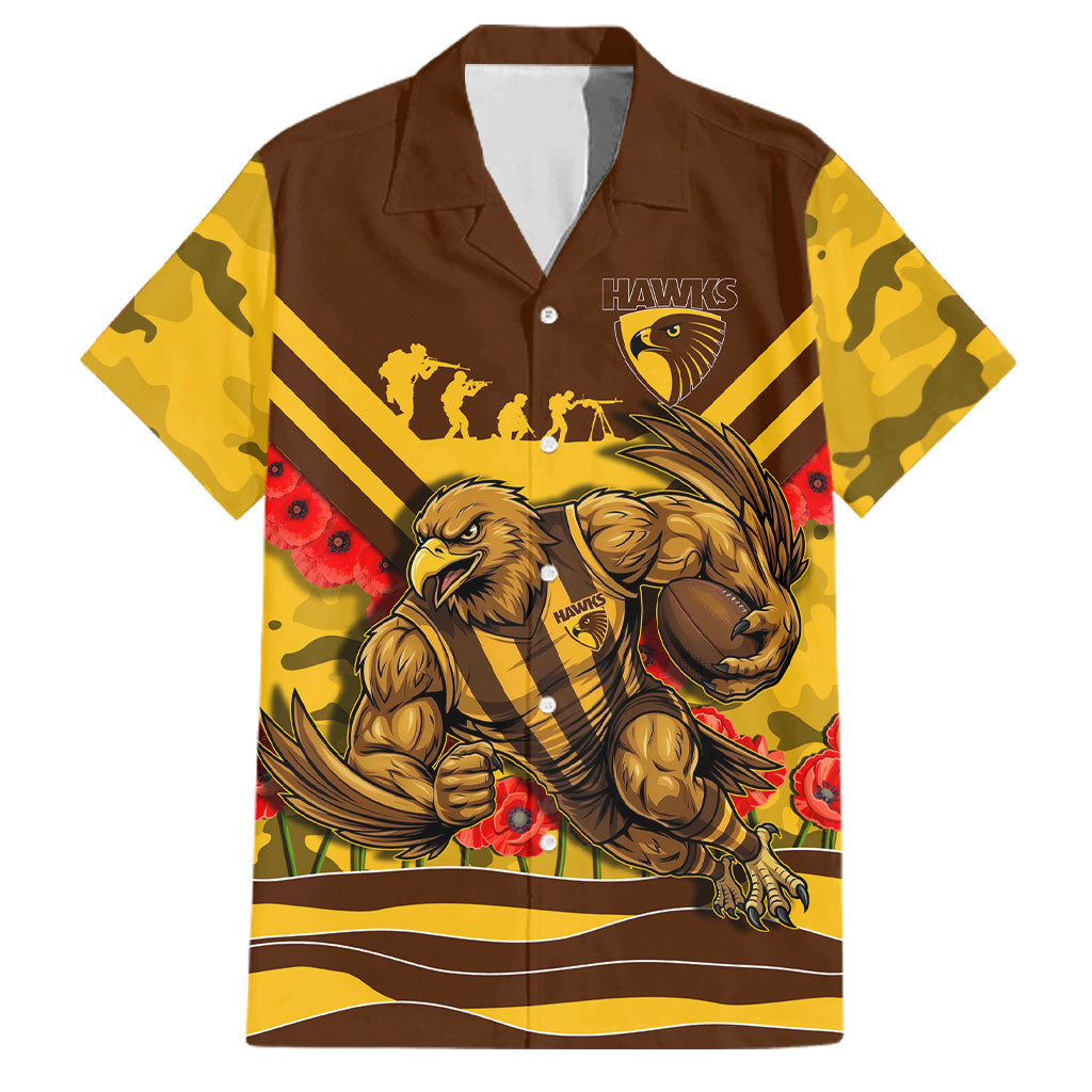 Personalised Hawthorn Hawks ANZAC Family Matching Off Shoulder Maxi Dress and Hawaiian Shirt Military Remembrance Australian Football Mascot Camouflage