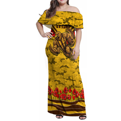 Personalised Hawthorn Hawks ANZAC Family Matching Off Shoulder Maxi Dress and Hawaiian Shirt Military Remembrance Australian Football Mascot Camouflage