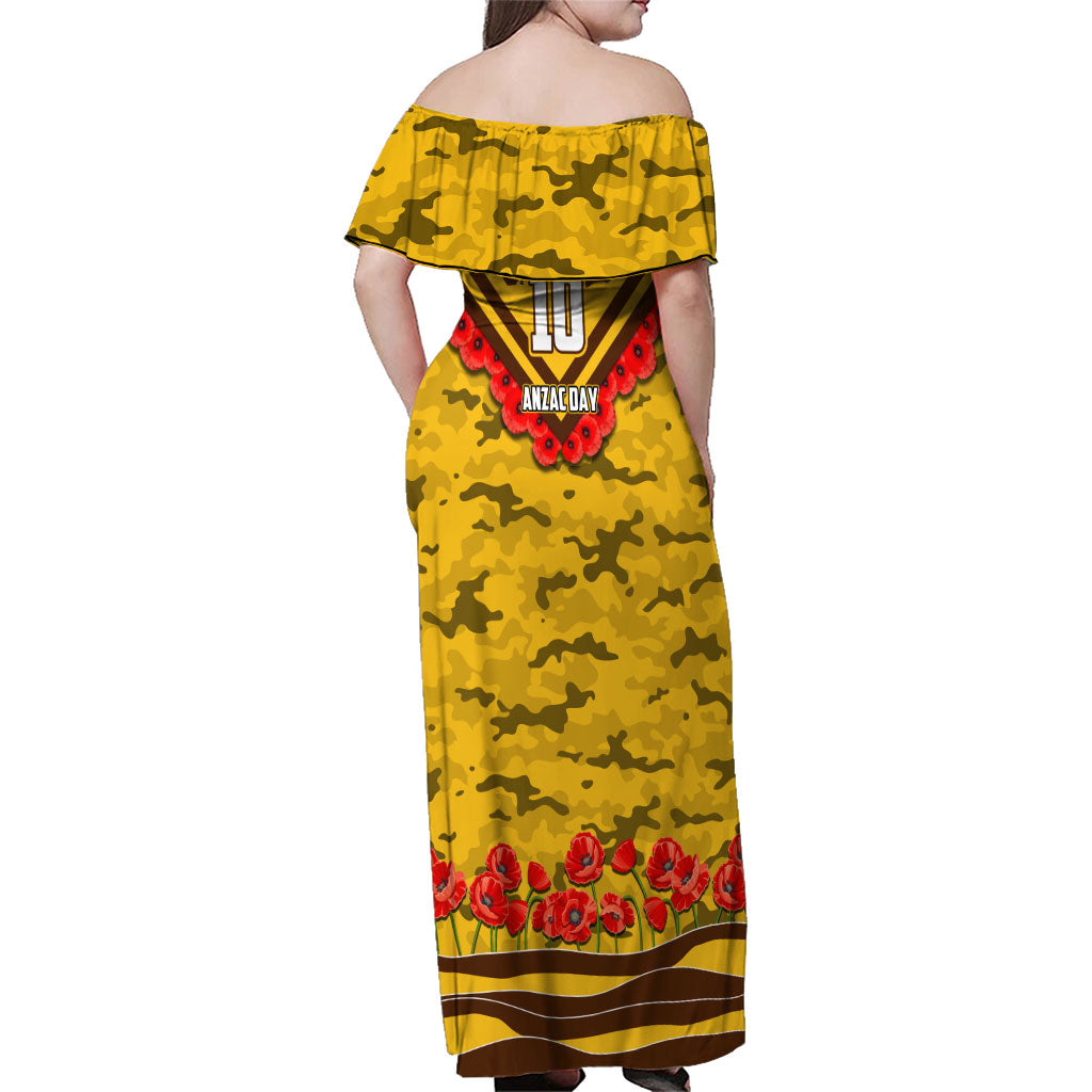 Personalised Hawthorn Hawks ANZAC Family Matching Off Shoulder Maxi Dress and Hawaiian Shirt Military Remembrance Australian Football Mascot Camouflage
