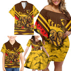 Personalised Hawthorn Hawks ANZAC Family Matching Off Shoulder Short Dress and Hawaiian Shirt Military Remembrance Australian Football Mascot Camouflage