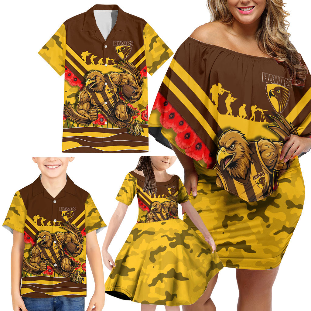 Personalised Hawthorn Hawks ANZAC Family Matching Off Shoulder Short Dress and Hawaiian Shirt Military Remembrance Australian Football Mascot Camouflage