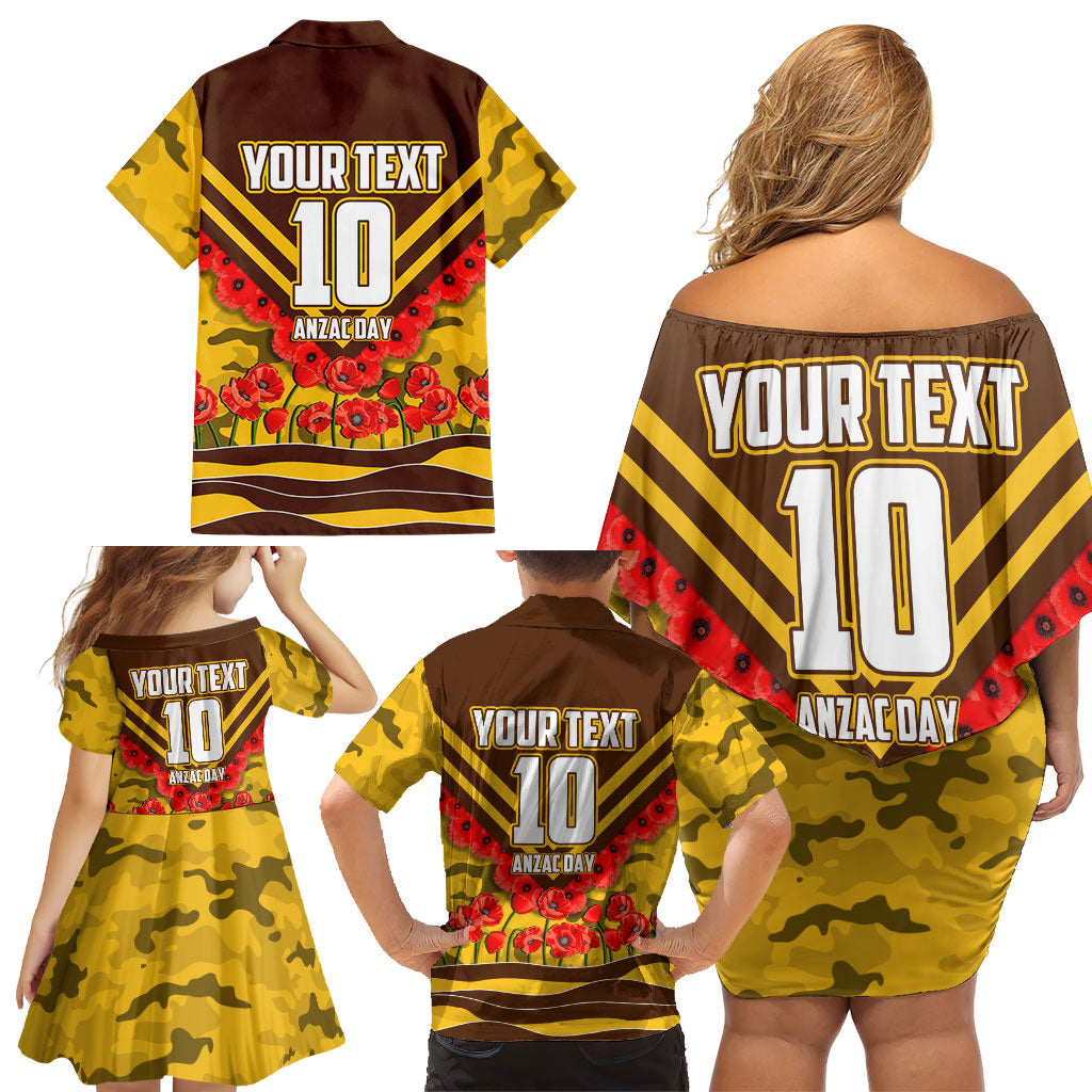 Personalised Hawthorn Hawks ANZAC Family Matching Off Shoulder Short Dress and Hawaiian Shirt Military Remembrance Australian Football Mascot Camouflage