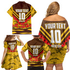 Personalised Hawthorn Hawks ANZAC Family Matching Off Shoulder Short Dress and Hawaiian Shirt Military Remembrance Australian Football Mascot Camouflage