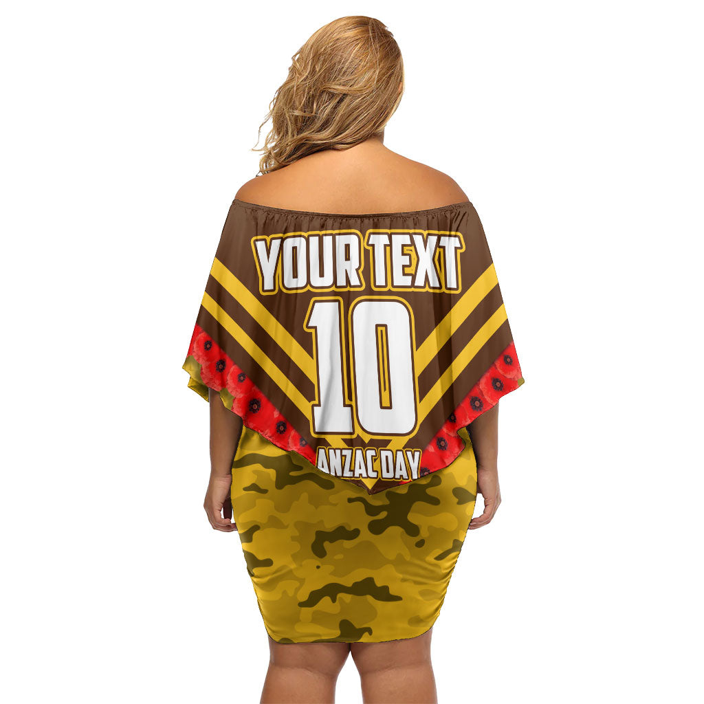 Personalised Hawthorn Hawks ANZAC Family Matching Off Shoulder Short Dress and Hawaiian Shirt Military Remembrance Australian Football Mascot Camouflage