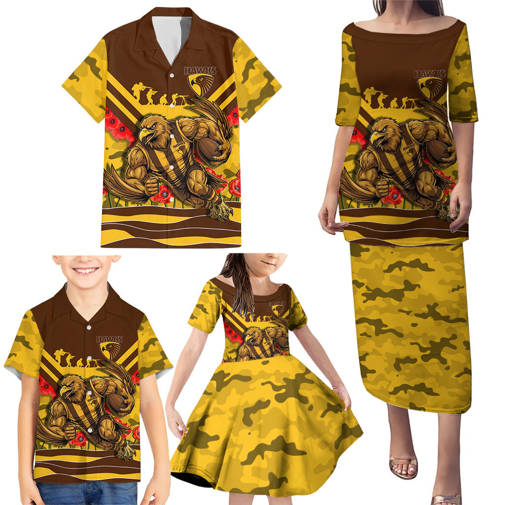 Personalised Hawthorn Hawks ANZAC Family Matching Puletasi and Hawaiian Shirt Military Remembrance Australian Football Mascot Camouflage