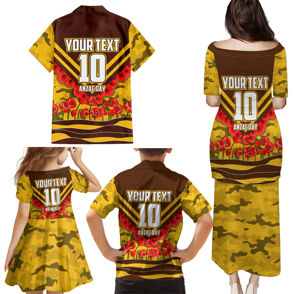 Personalised Hawthorn Hawks ANZAC Family Matching Puletasi and Hawaiian Shirt Military Remembrance Australian Football Mascot Camouflage