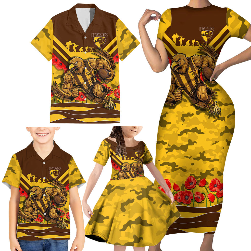 Personalised Hawthorn Hawks ANZAC Family Matching Short Sleeve Bodycon Dress and Hawaiian Shirt Military Remembrance Australian Football Mascot Camouflage