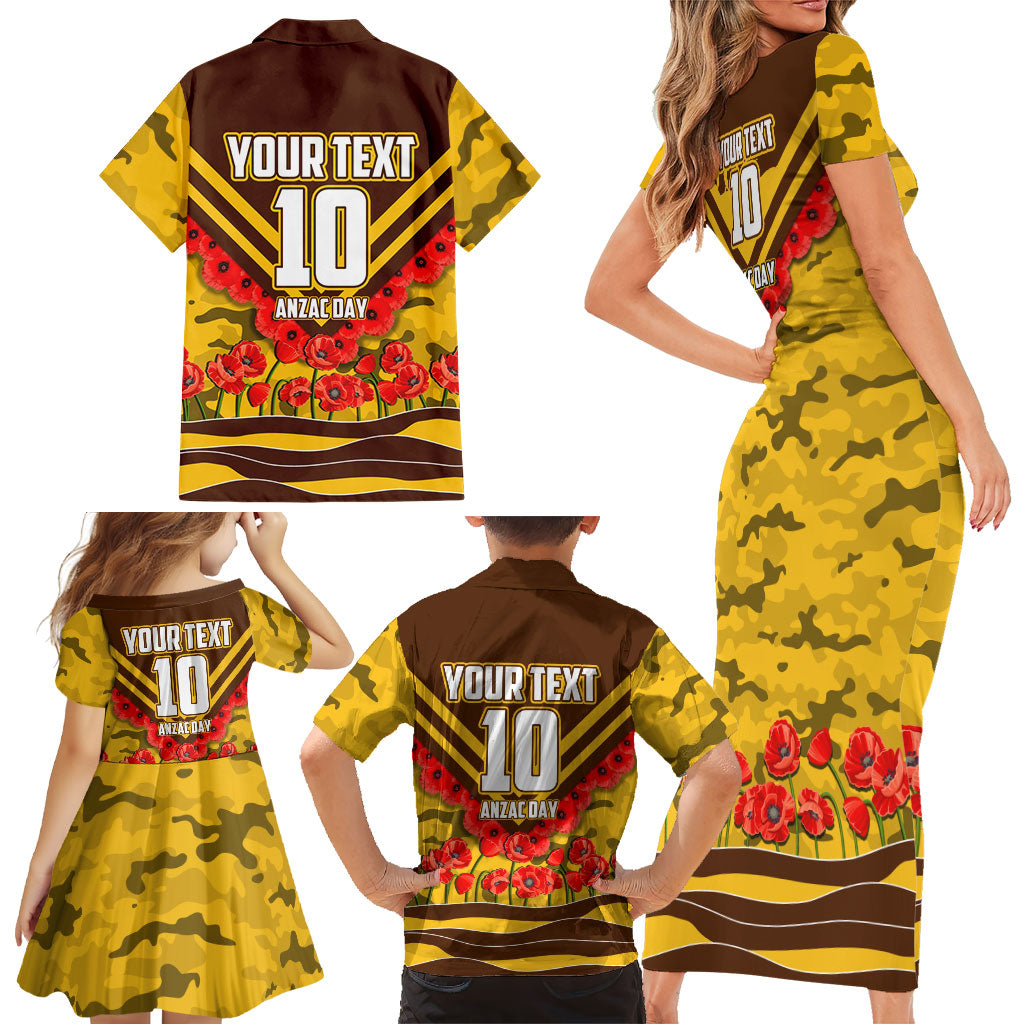 Personalised Hawthorn Hawks ANZAC Family Matching Short Sleeve Bodycon Dress and Hawaiian Shirt Military Remembrance Australian Football Mascot Camouflage