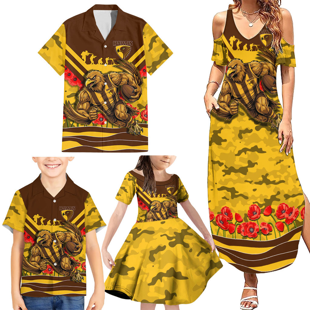 Personalised Hawthorn Hawks ANZAC Family Matching Summer Maxi Dress and Hawaiian Shirt Military Remembrance Australian Football Mascot Camouflage