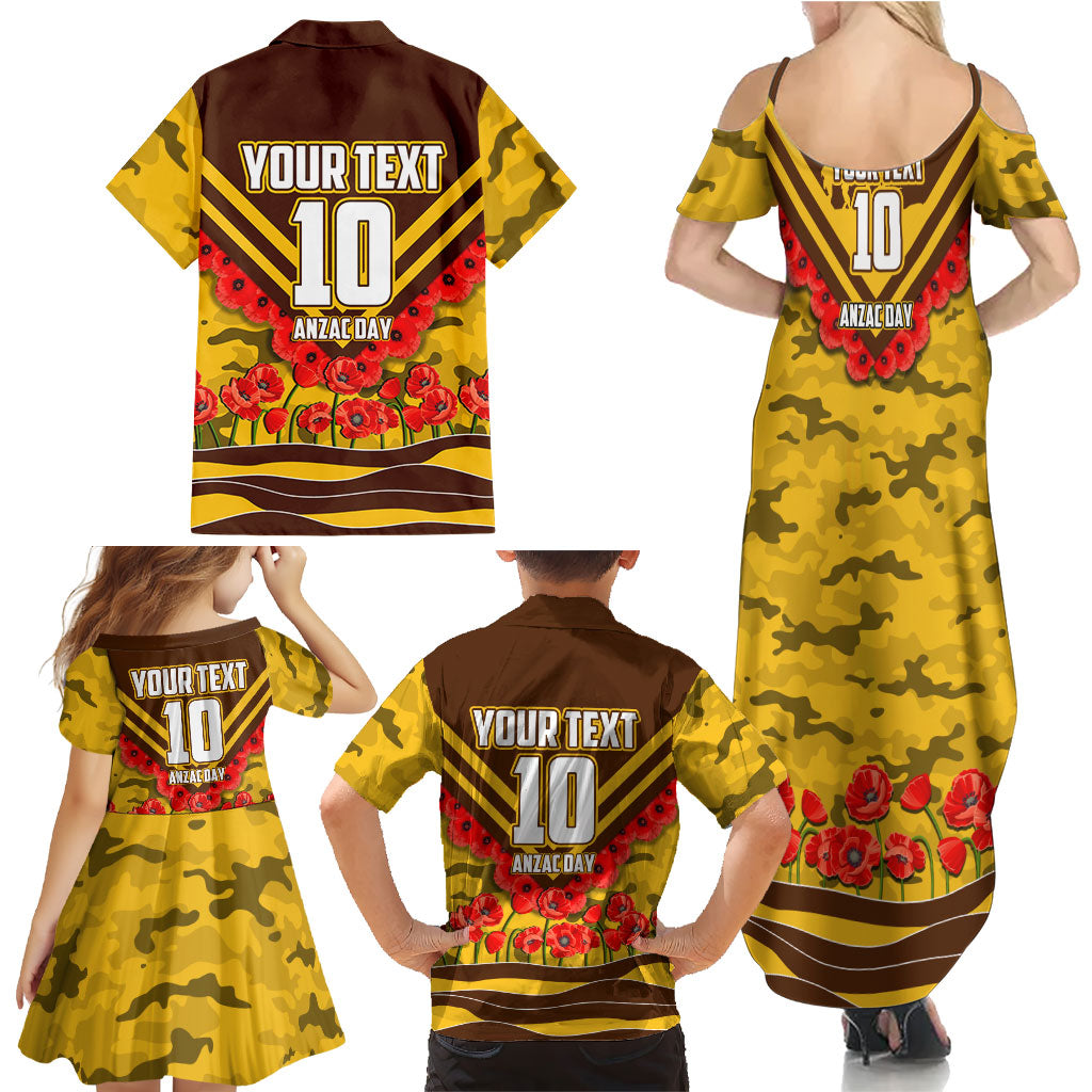 Personalised Hawthorn Hawks ANZAC Family Matching Summer Maxi Dress and Hawaiian Shirt Military Remembrance Australian Football Mascot Camouflage