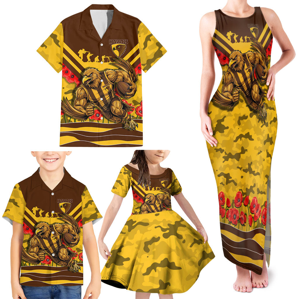 Personalised Hawthorn Hawks ANZAC Family Matching Tank Maxi Dress and Hawaiian Shirt Military Remembrance Australian Football Mascot Camouflage