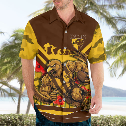 Personalised Hawthorn Hawks ANZAC Hawaiian Shirt Military Remembrance Australian Football Mascot Camouflage