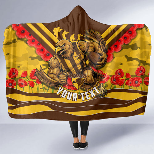 Personalised Hawthorn Hawks ANZAC Hooded Blanket Military Remembrance Australian Football Mascot Camouflage