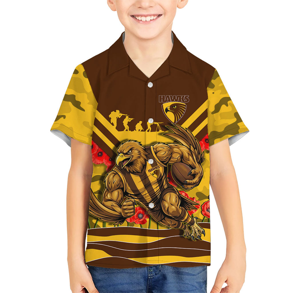 Personalised Hawthorn Hawks ANZAC Kid Hawaiian Shirt Military Remembrance Australian Football Mascot Camouflage