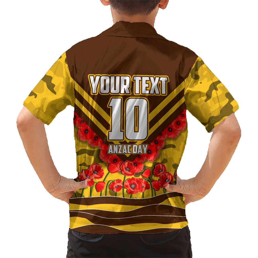 Personalised Hawthorn Hawks ANZAC Kid Hawaiian Shirt Military Remembrance Australian Football Mascot Camouflage