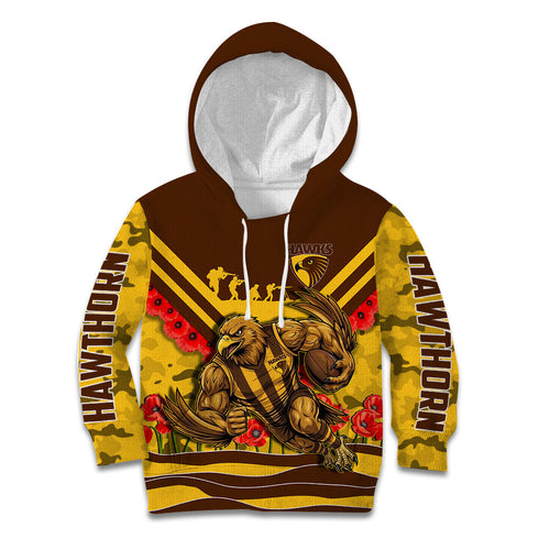 Personalised Hawthorn Hawks ANZAC Kid Hoodie Military Remembrance Australian Football Mascot Camouflage